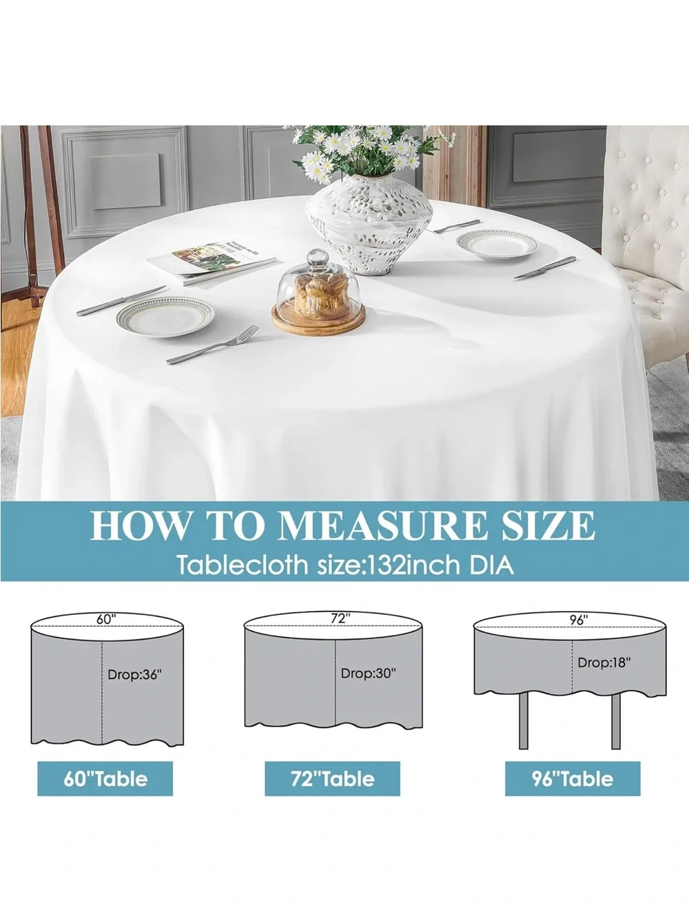 NEW VidaFete 132” Round Tablecloth Polyester, Stain/Wrinkle Resistant. White.